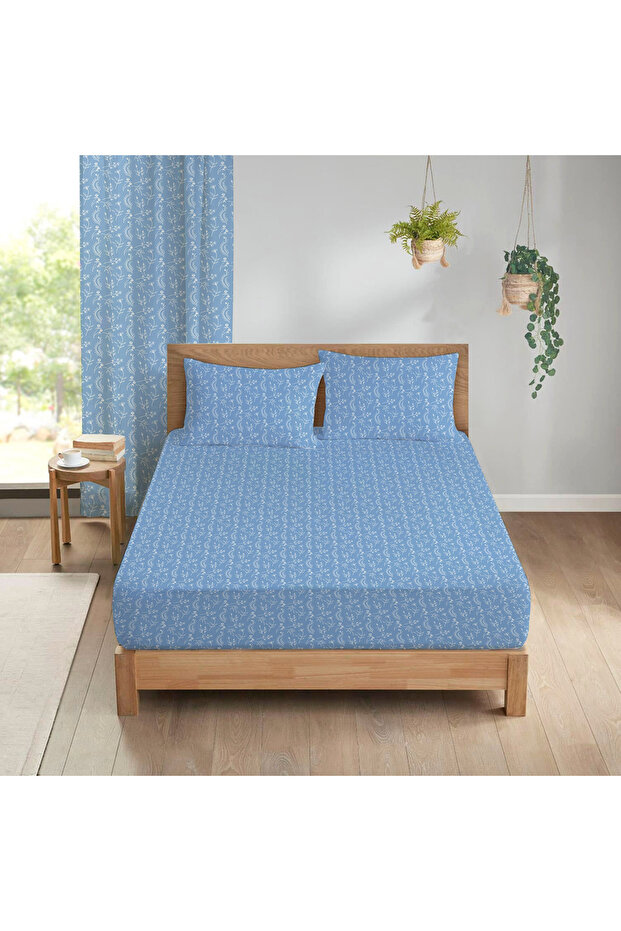 Blue Double 160X200 cm Fitted Sheet Set - Floral Pattern Print