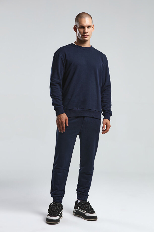 Men's Crew Neck Pigment Printed Winter Regular Fit Navy Blue Sweatshirt Bmk0001-S-V03