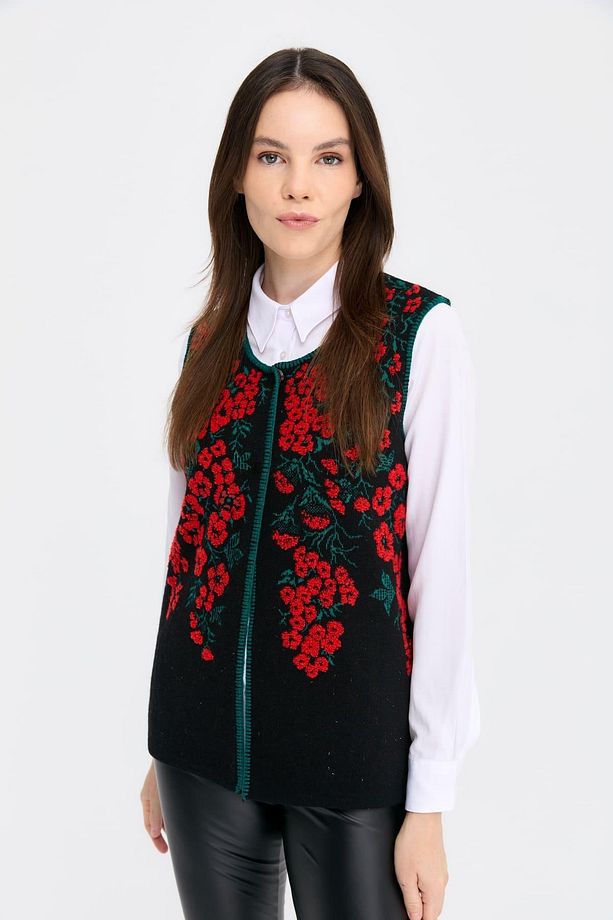 Kadın Sıfır Yaka Pıtırcık Çiçekli Yün Yelek Siyah - 1