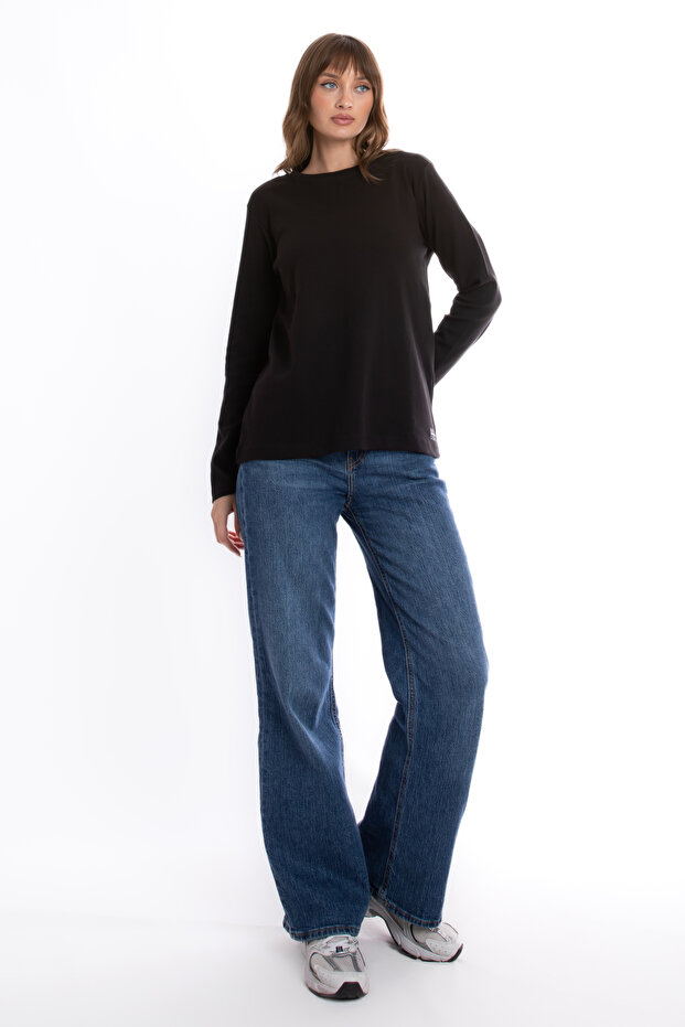 Women's BLACK Crew Neck Long Sleeve 100% Cotton Interlock T-Shirt S-102