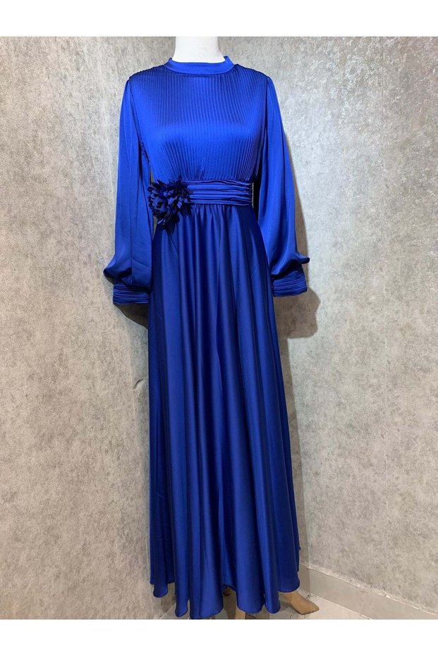 24y4908 Satin Dress - Pleated and Brooch Detail, Sax 40