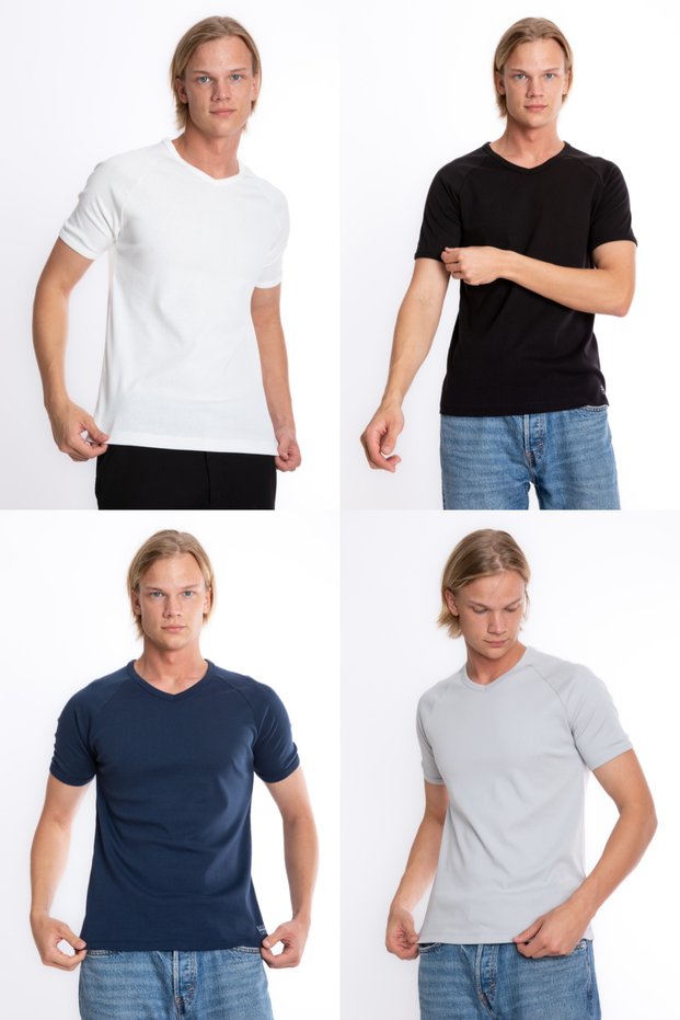 Men's Slim Fit V-Neck Basic Rib Knit T-Shirt, High-Quality Fabric, White-Black-Gray-Navy Blue, 4-Piece Set S202mix