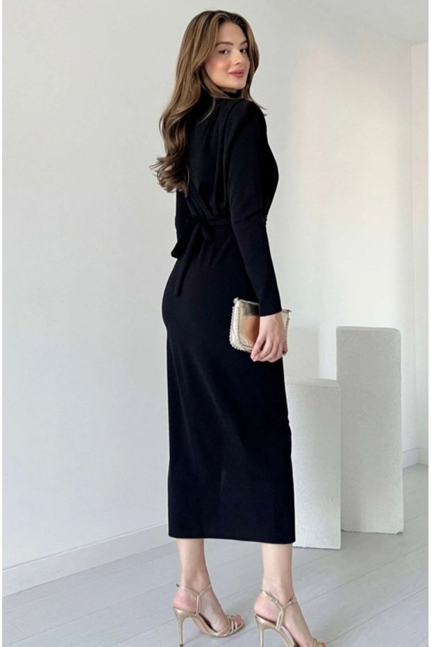 Women's Black Long Dress with Padded Shoulder Pads, Gold Belt, and Slit