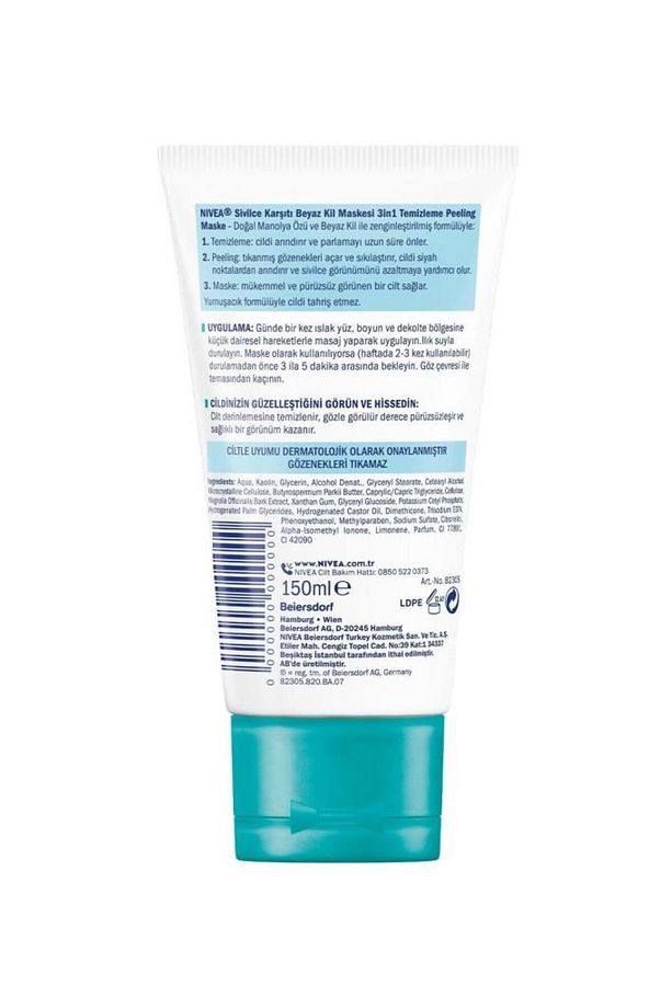 3in1 Sivilce Karşıtı Beyaz Kil Maskesi 150ml, Temizleyici, Peeling, Maske, Gözenek Arındırıcı - 3