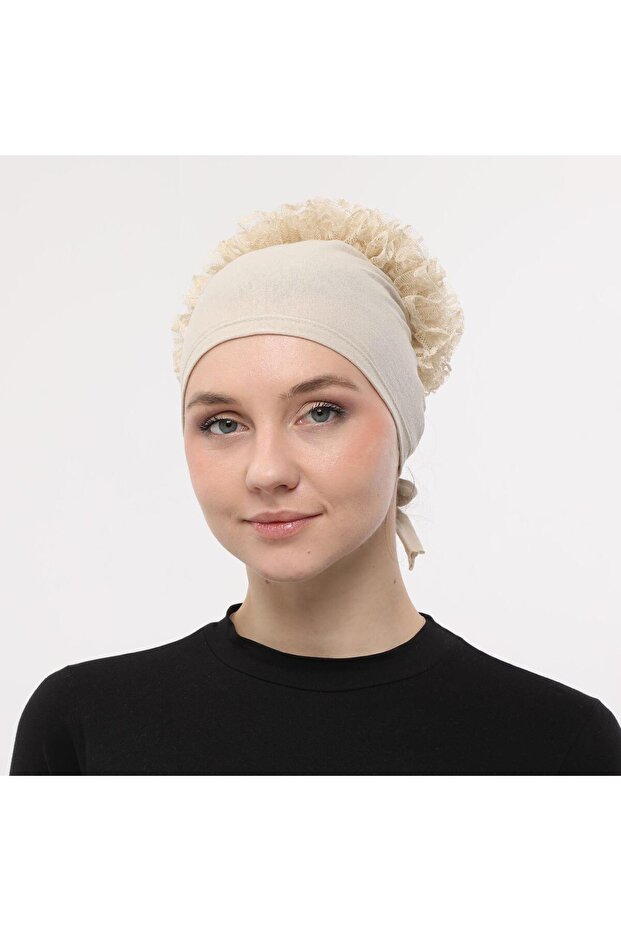 Front Stitched Back Tied Knob Lace Frilly Hijab Inner Cap