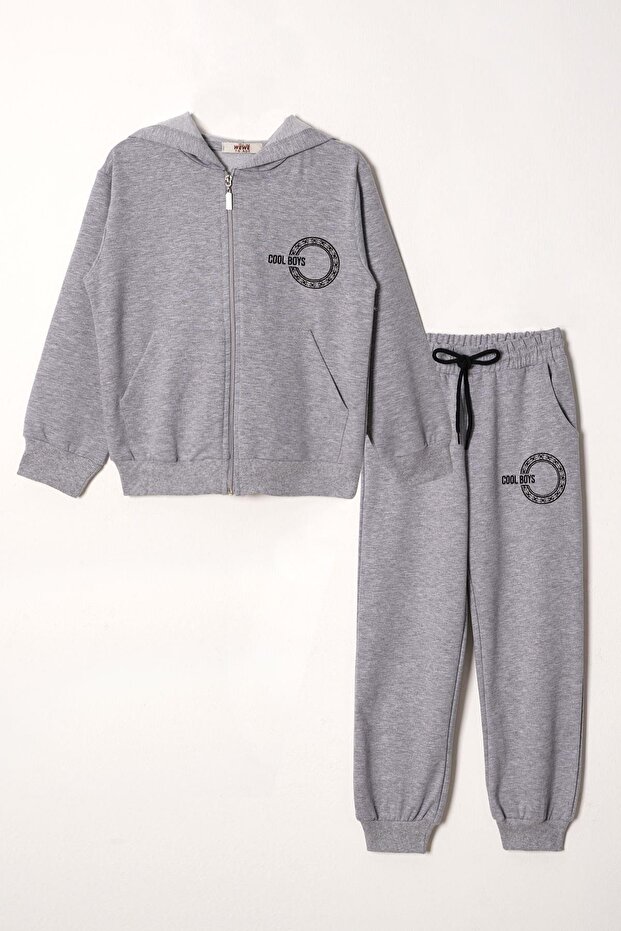 Text Printed Hooded Gray Melange Color Boys' Zippered Tracksuit Set