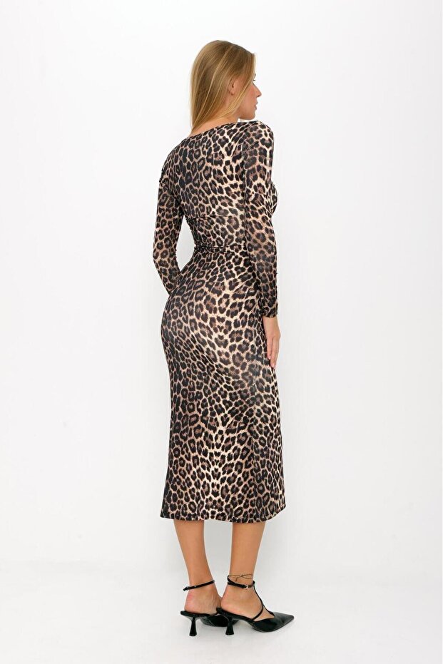 Leopard Patterned U Collar Slim Dress - 5