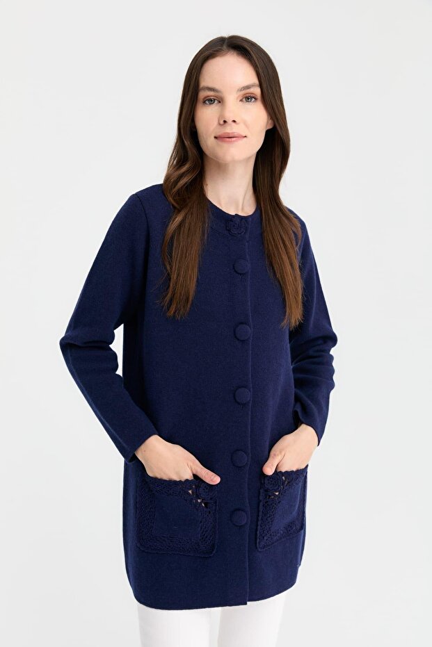 Women's Stand Collar Araboy Wool Cardigan Y.A Navy Blue