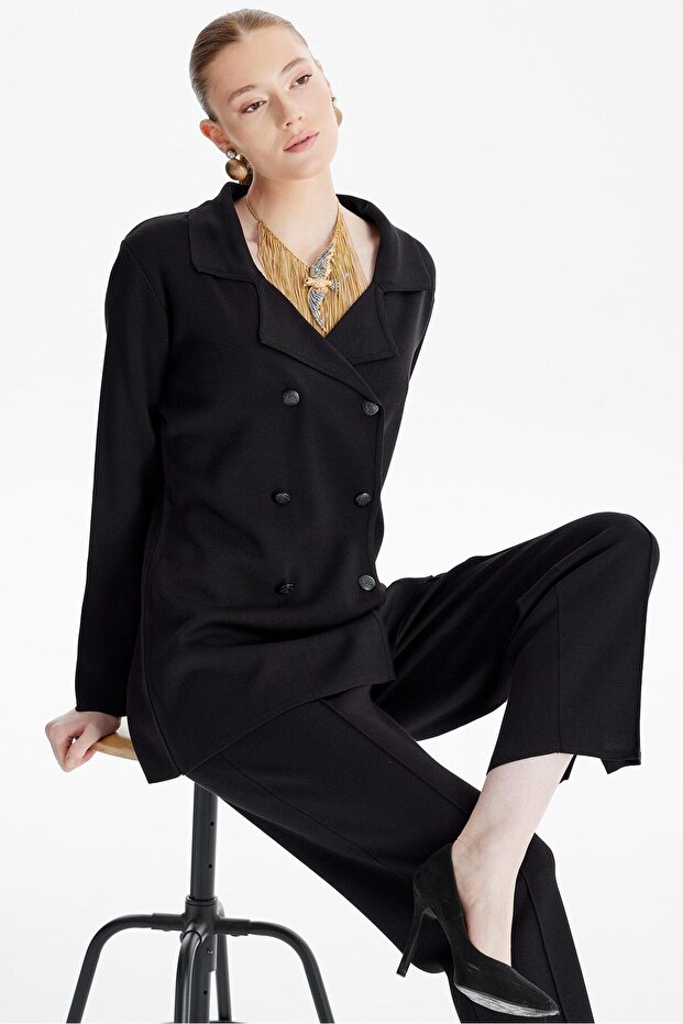 Black Knitwear Double Breasted Jacket and Trousers Set