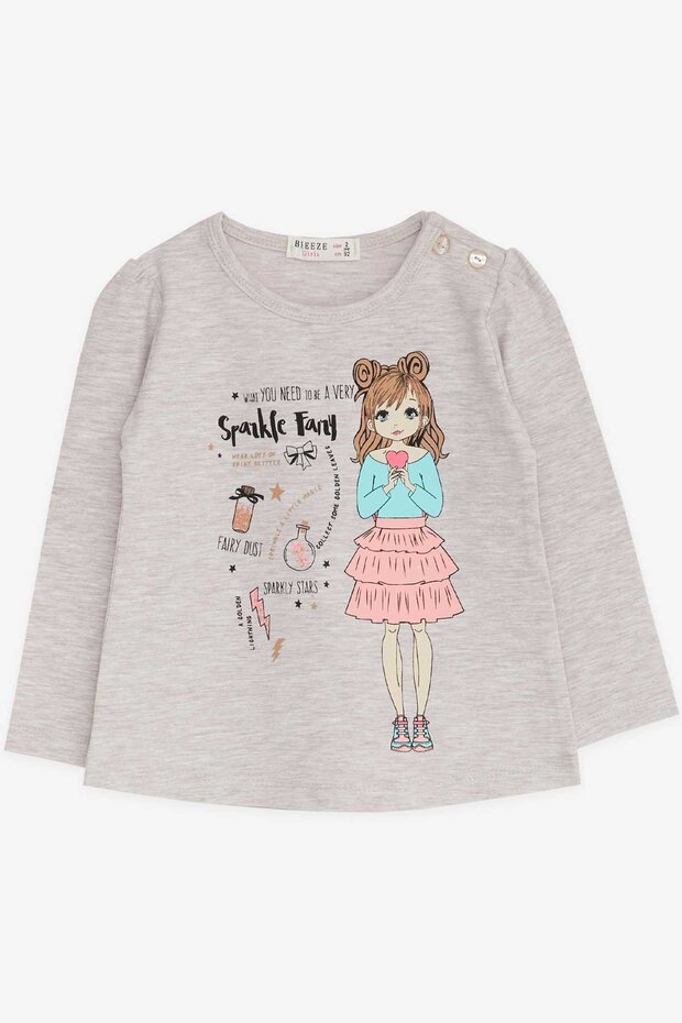Girl's Long Sleeve T-Shirt Printed 1-4 Years, Beige Melange