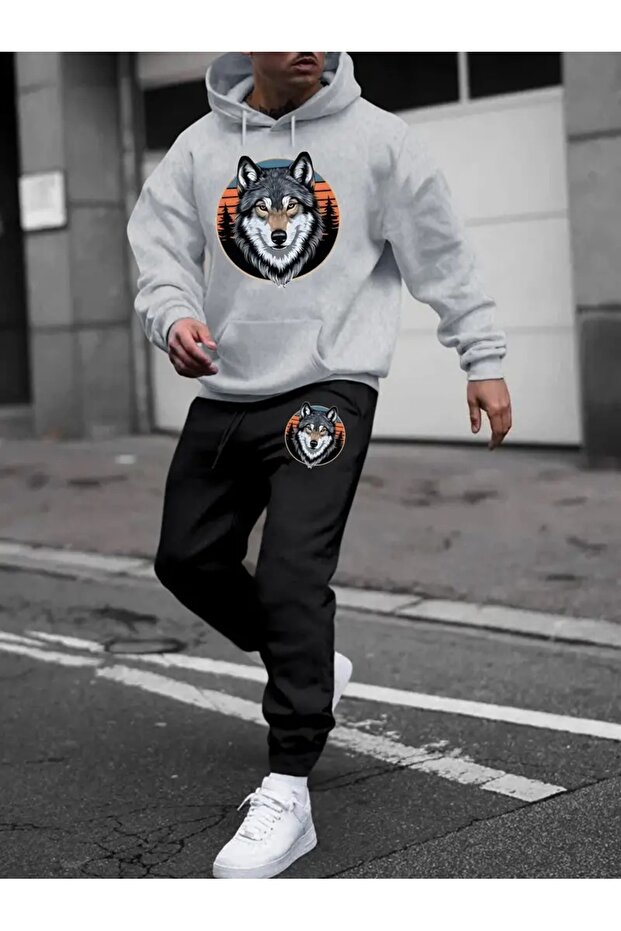 Men's wolf print top and bottom black grey hooded tracksuit oversized boyfriend fit