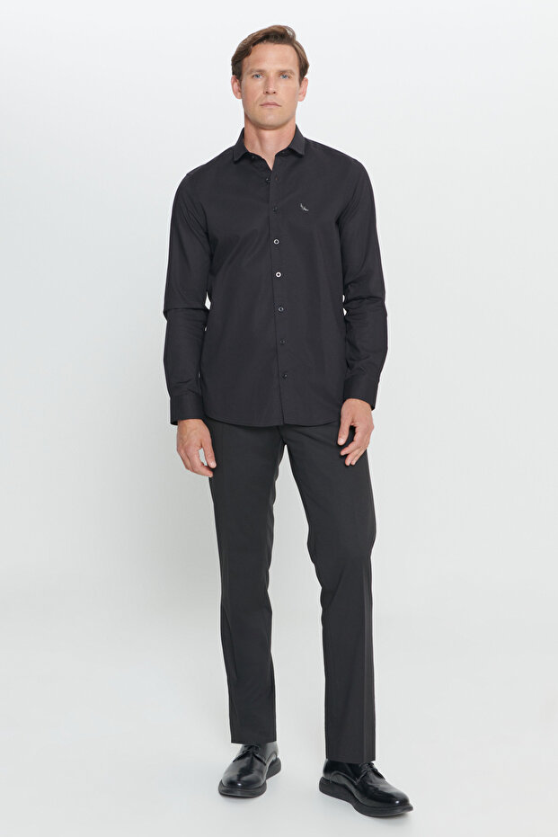 Erkek Siyah Slim Fit Dar Kesim Küçük İtalyan Yaka Armürlü Gömlek - 2