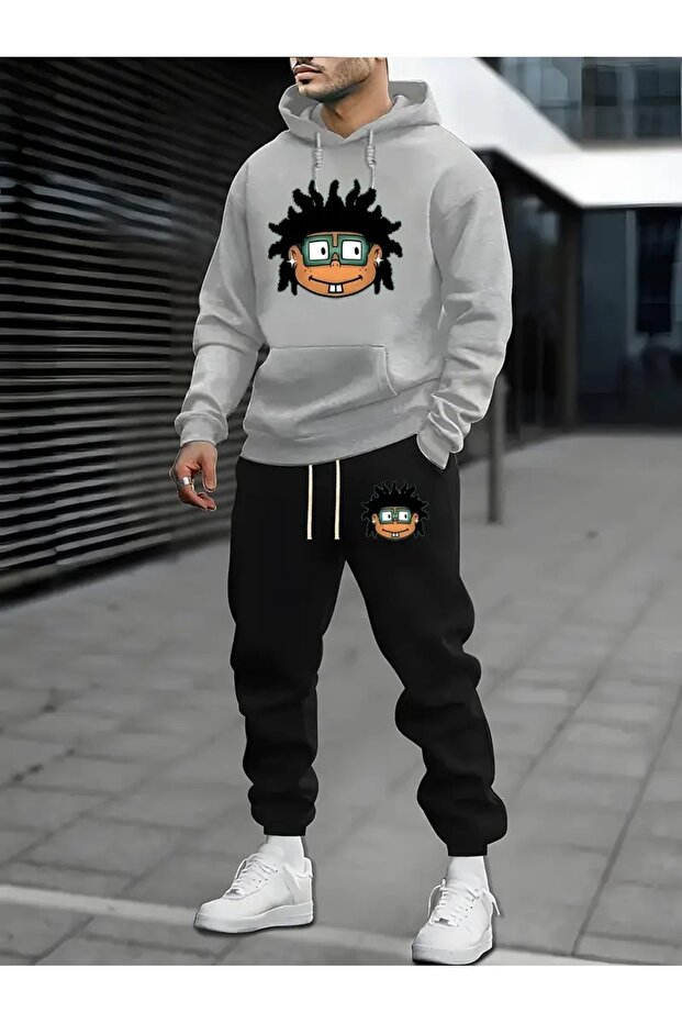 Men's Hip Hop Printed Bottom Top Black Gray Hooded Tracksuit Set Oversize Boyfirend