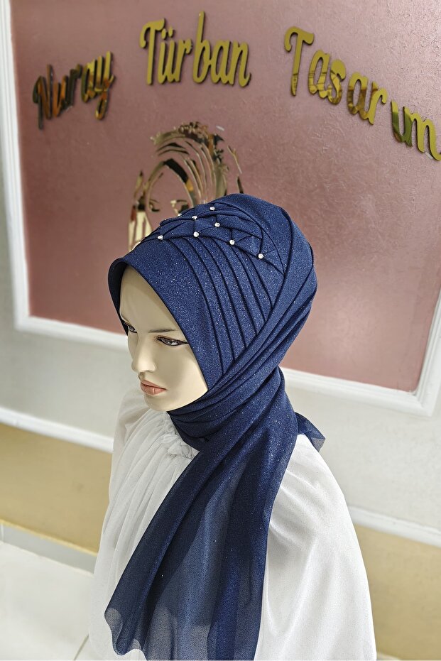Accessoried Dark Blue Ready-Made Turban Ready-Made Shawl Scarf