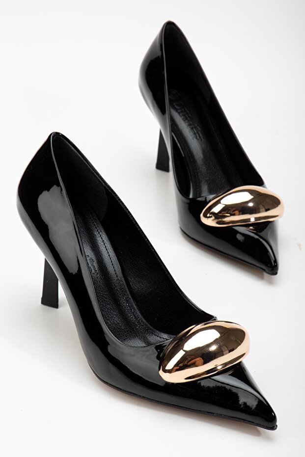 Patent Leather Thin Heel Black Women's Stiletto with Metal Accessories