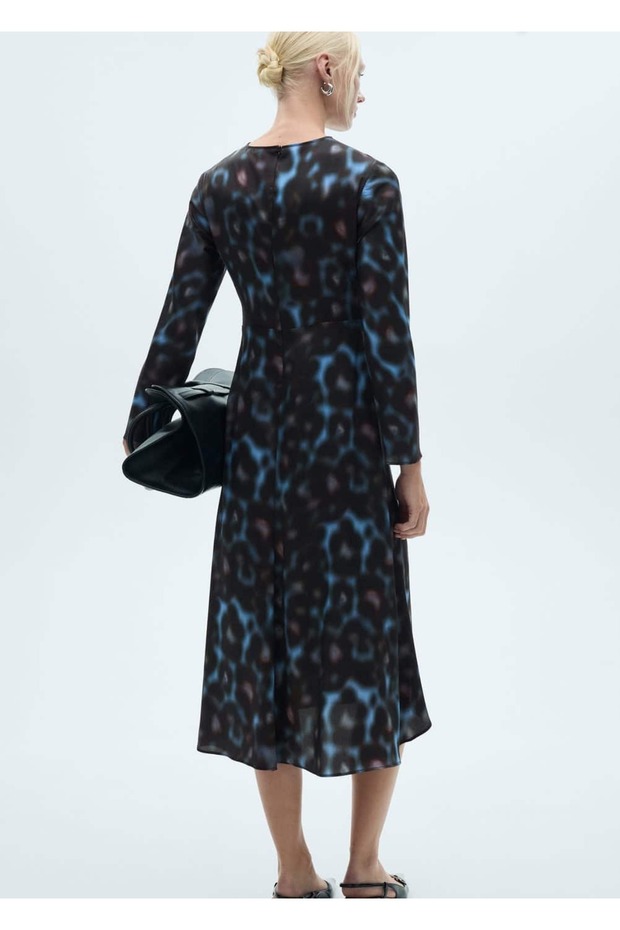 Desenli Drape Saten Elbise - 4