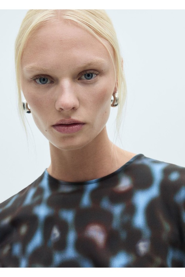 Desenli Drape Saten Elbise - 7