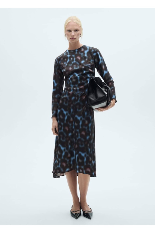 Desenli Drape Saten Elbise - 2