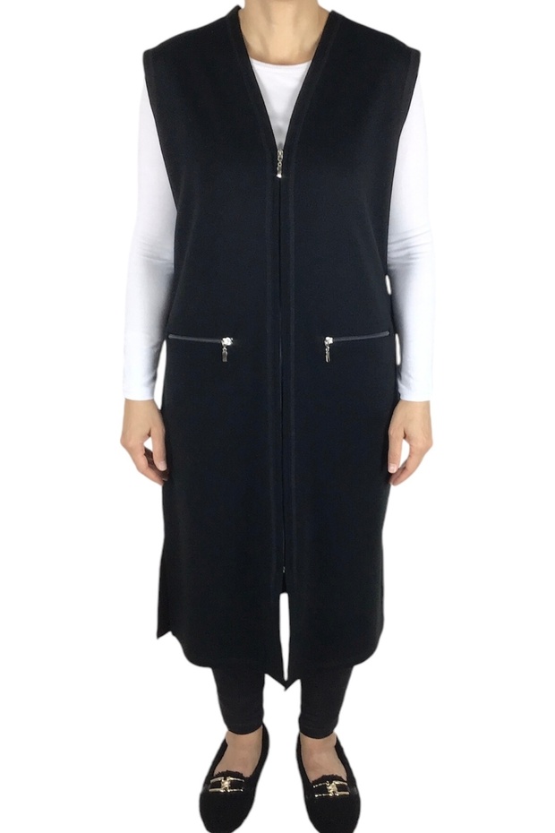 Women's Steel Knitted Front and Pockets Zippered Long Winter Vest