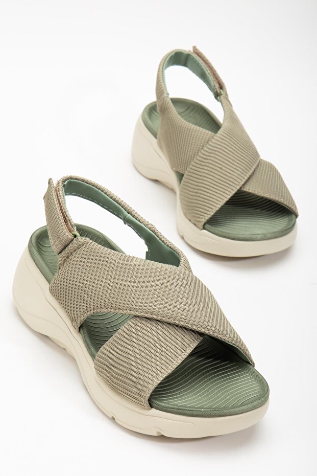 Linen Material Faylon Khaki Women's Wedge Sandals