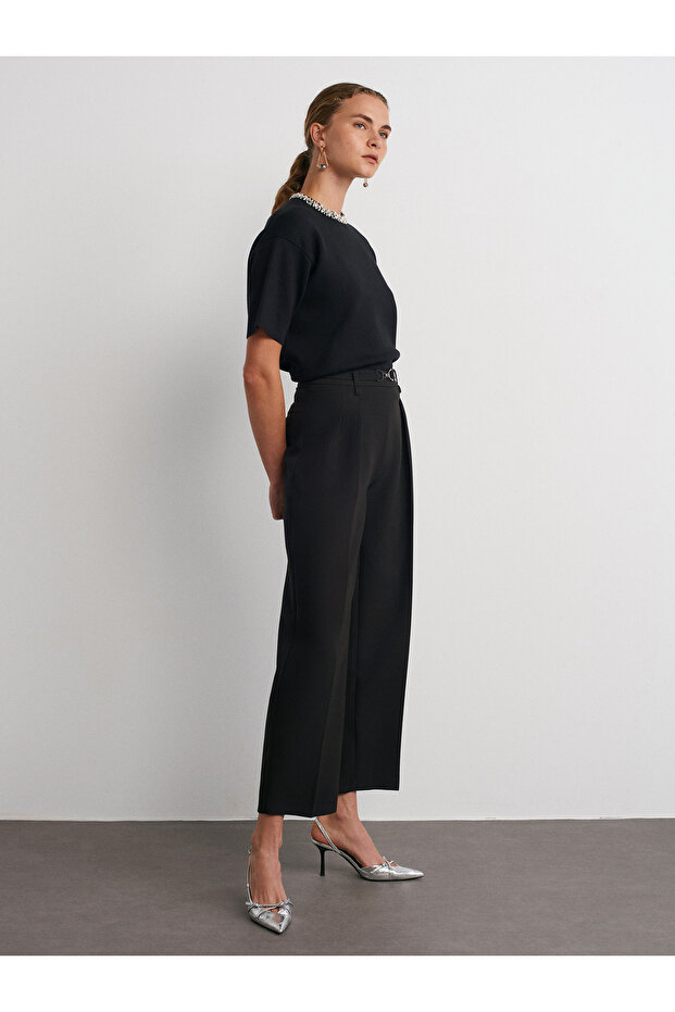 71558 High Waist Trousers with Metal Accessories-Black