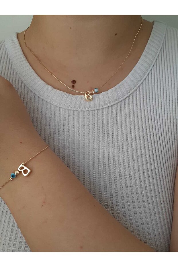 Gold Non-Tarnish Coated Necklace & Bracelet Set with Letter B and Evil Eye Bead Detail