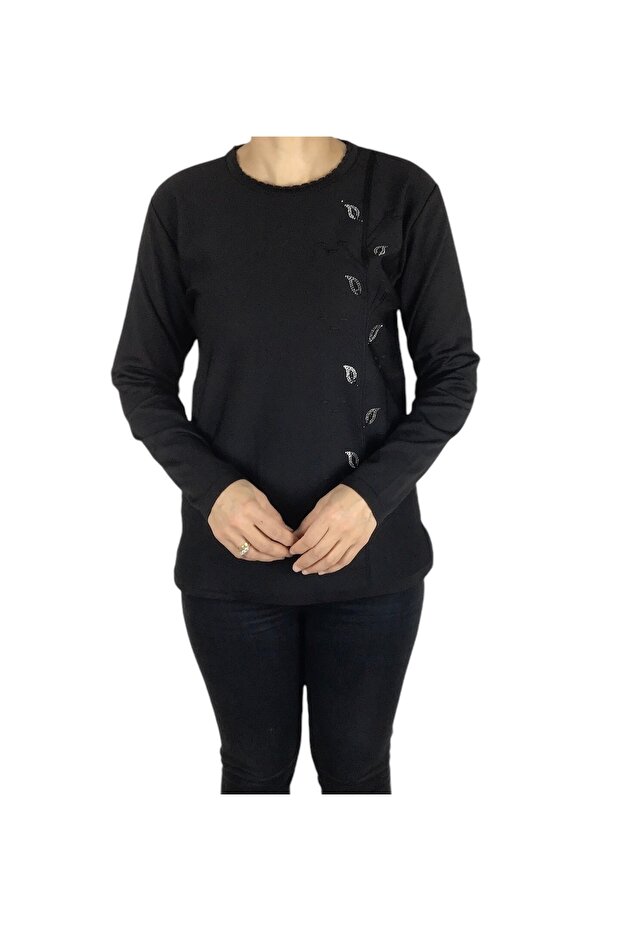 Women's Stone Front and Embroidered Winter Bluz
