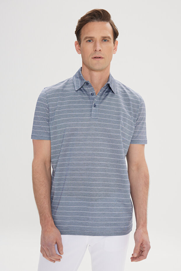 Men's Navy Blue-Ecru Regular Fit Relaxed Fit 100% Cotton Striped Polo Collar T-Shirt