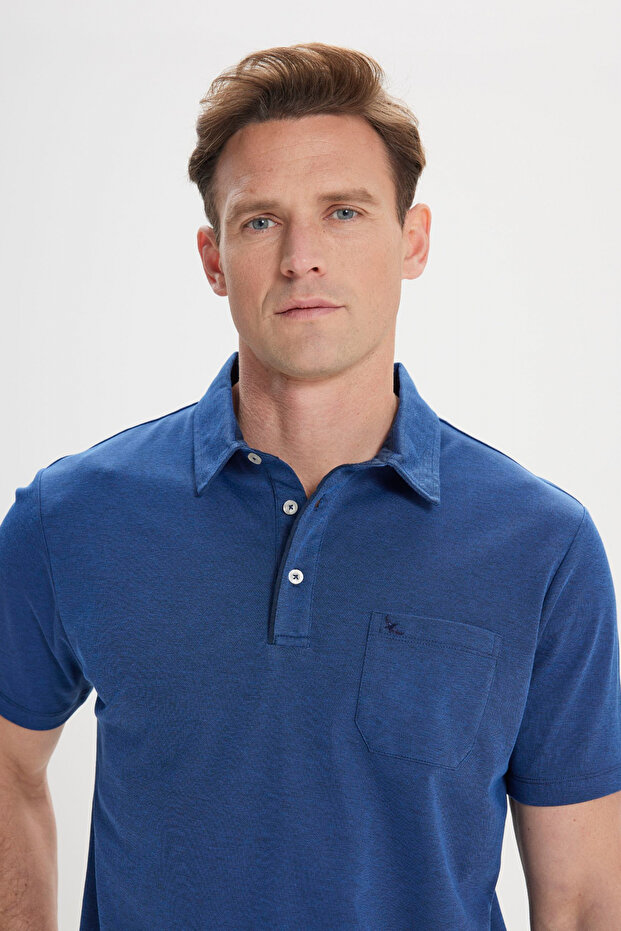 Erkek Lacivert Comfort Fit Rahat Kesim Polo Yaka Pamuklu Kısa Kollu Tişört - 3