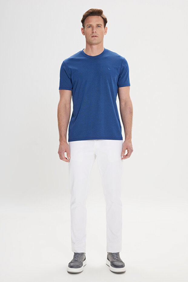 Erkek Lacivert Slim Fit Dar Kesim Bisiklet Yaka Pamuklu Tişört - 2