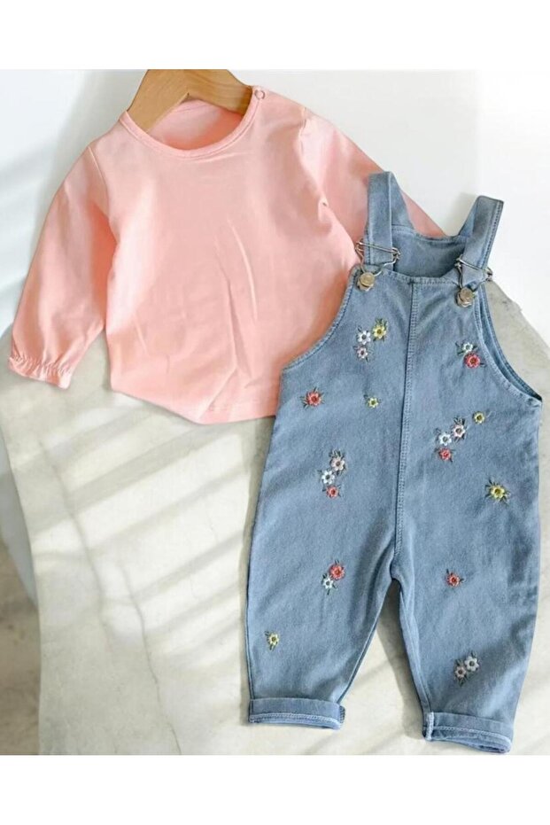 Colorful Floral Embroidered Denim-Look Knitted Fabric Transitional 2-Piece Salopette Set