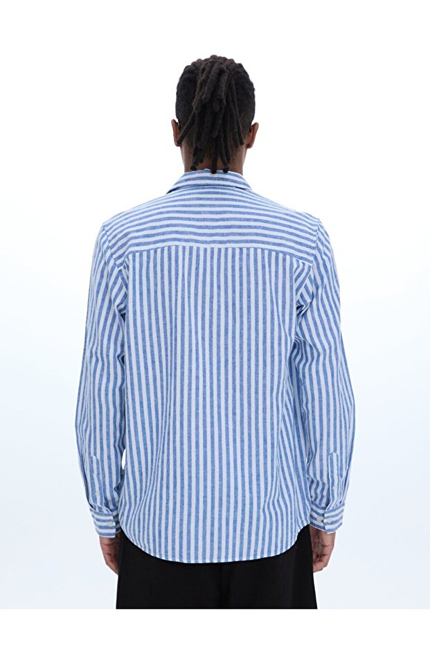 Çizgili Keten Görünümlü Mavi Gömlek - 3