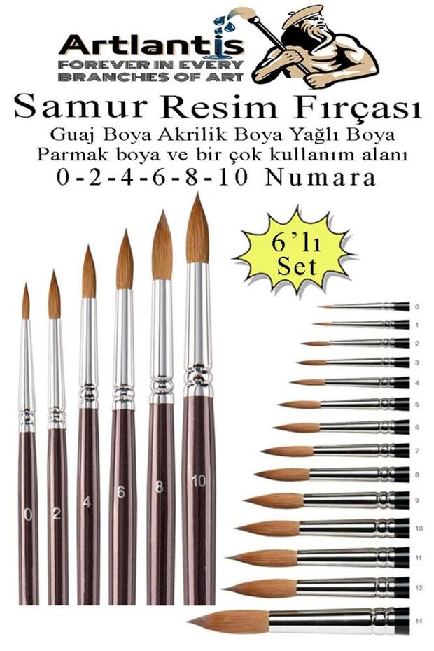 Art Brush 0 - 2 - 4 - 6 - 8 - 10 Number 1 Pack of 6 Sable Round Tip Brush Set Gouache Waterful Ak