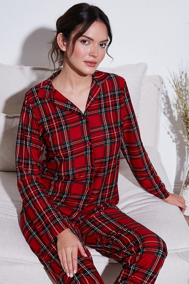 Streç Regular Fit Apaş Yaka Beli Lastikli Pijama Takımı Pijama Takımı 65720501 - 3