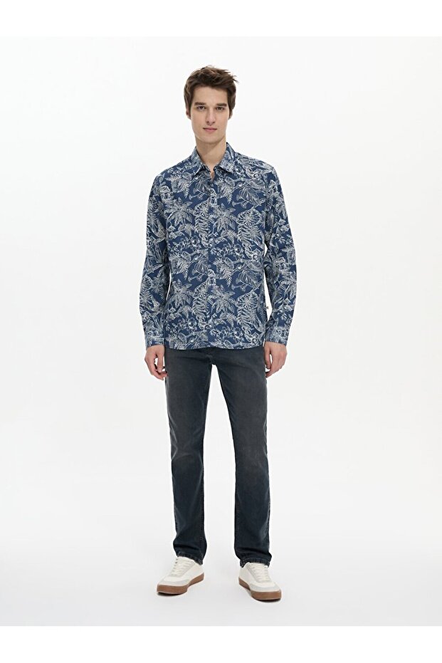 Çiçek Desenli Mavi Gömlek - 1