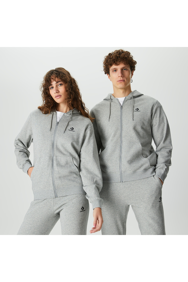 Go-To Embroidered Star Chevron Standard Fit Full-Zip Unisex Gray Hooded Sweatshirt