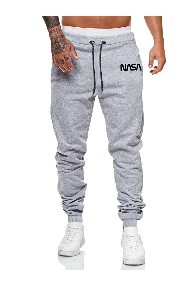 Nasa Logo Sweatpants Jogger - Gray Printed High Waist Elastic Leg