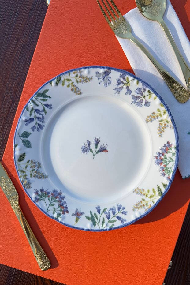 Cross Stitch Lilac 6 Person 25 cm Special Design Premium Porcelain Serving Plate Set