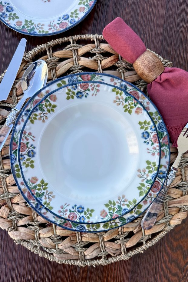 Rosalinda 6-Person 21 cm Special Design Premium Porcelain Deep Plate Set with Pink Floral Print