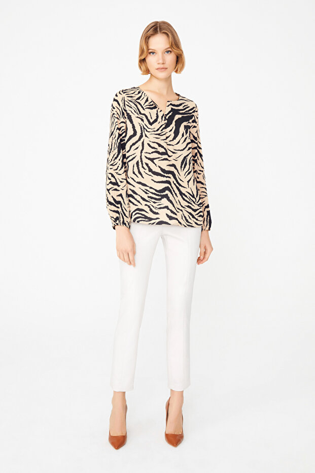 Zebra Pattern Blouse with Pleated Sleeves - 2