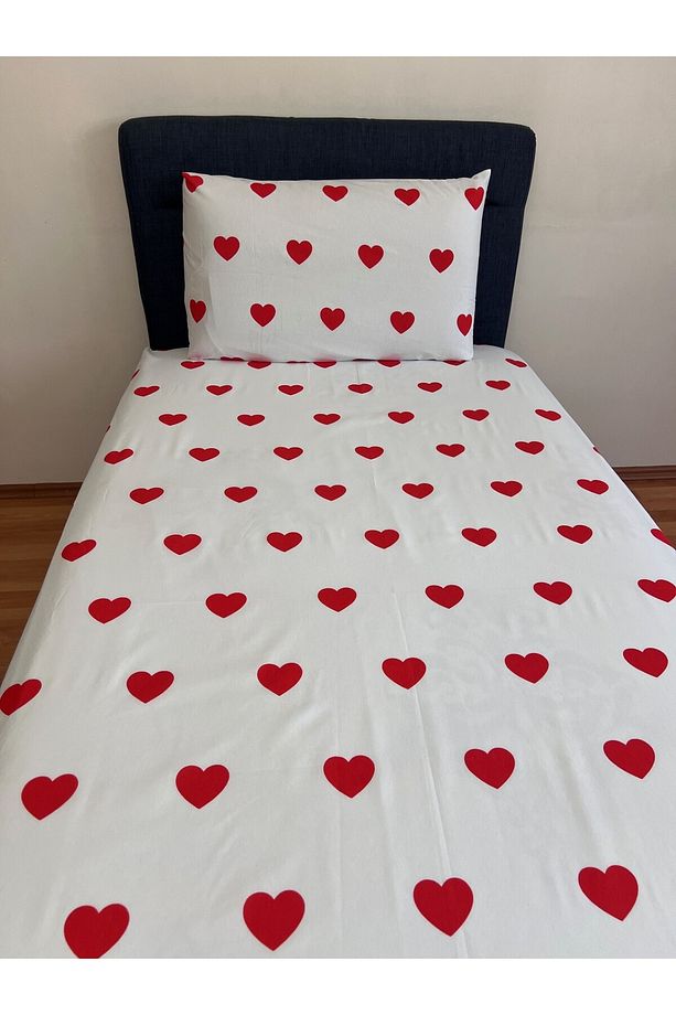 Fitted Lastikli Çarşaf Takımı (YASTIKLI) Tek Kişilik Çift Kişilk Kalpli Kırmızı - 4