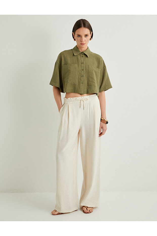 Crop Oversize Shirt Viscose Linen Blended Buttoned Short Sleeve Pocket