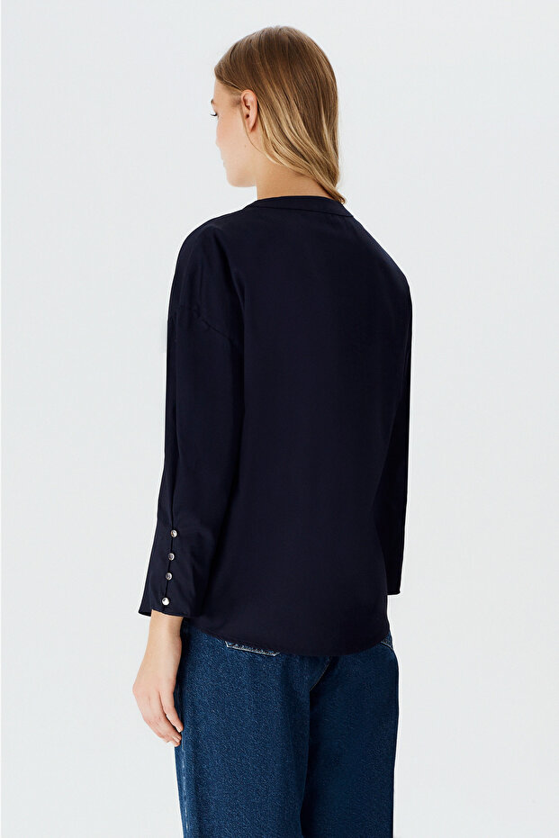 Kol Detaylı V Yakalı Poplin Bluz - 3