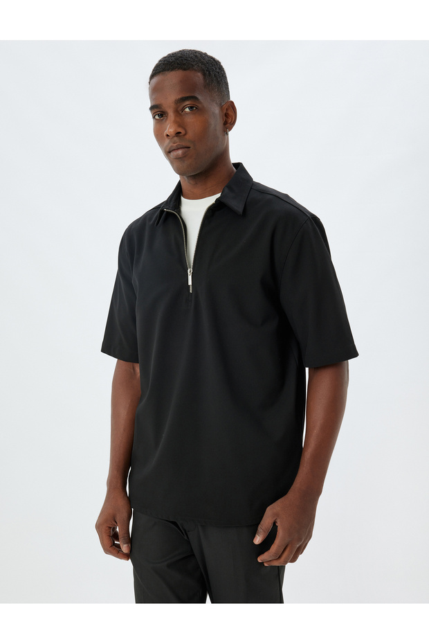 Short Sleeve Viscose Blended Regular Fit Half Zipper T-Shirt