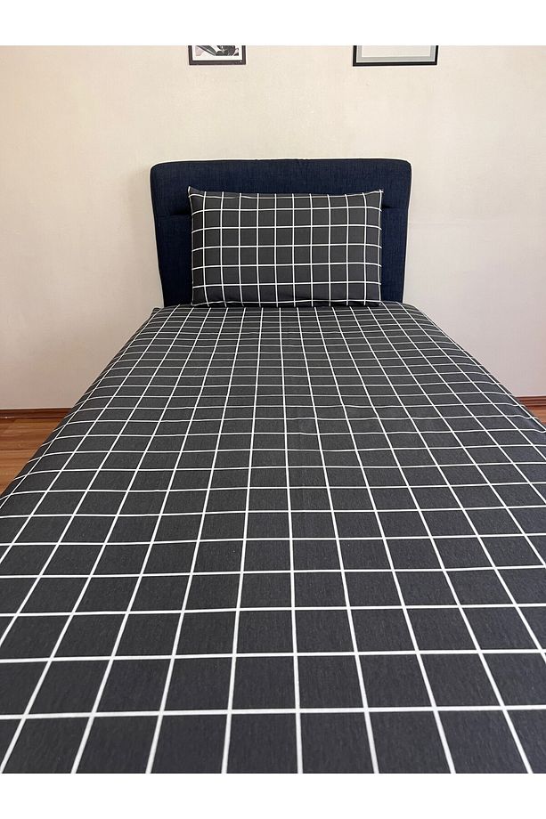 Fitted Lastikli Çarşaf Takımı (YASTIKLI) Tek Kişilik Çift Kişilik Ekose Antrasit - 1