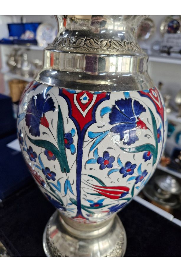 Çini Vazo Bakır Üzeri Gümüş Kaplama - 2