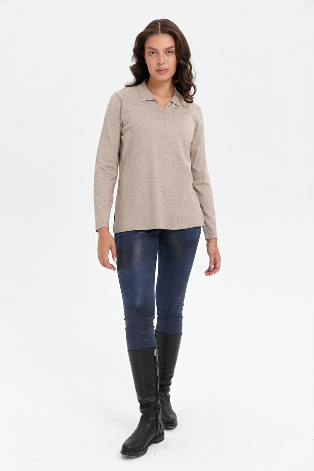 Women's Polo Collar Sweater with Side Slits Mink