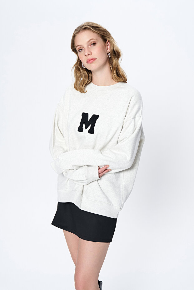 Nakış Harf Baskılı Sweatshirt Gri - 3