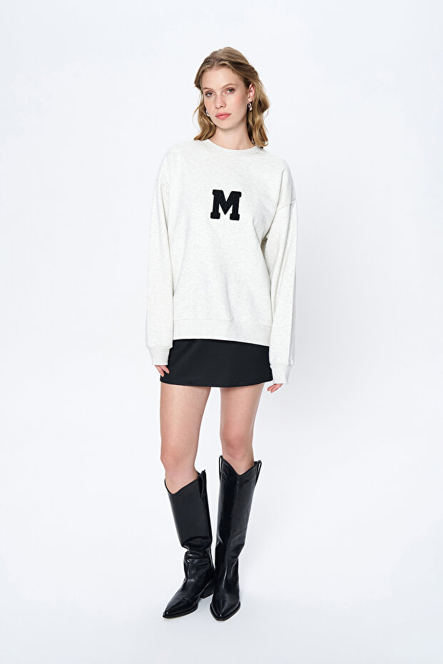 Nakış Harf Baskılı Sweatshirt Gri - 1