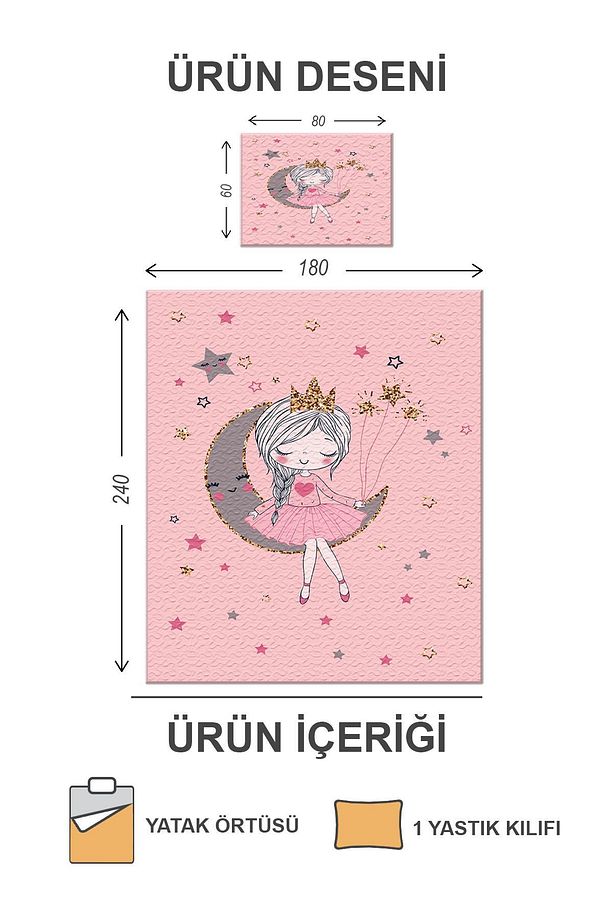 Kapitoneli Pamuk Dolgulu Kadife Kumaş Ay Kız Desenli Tek Kişilik Çocuk Genç Yatak Örtüsü Seti - 2